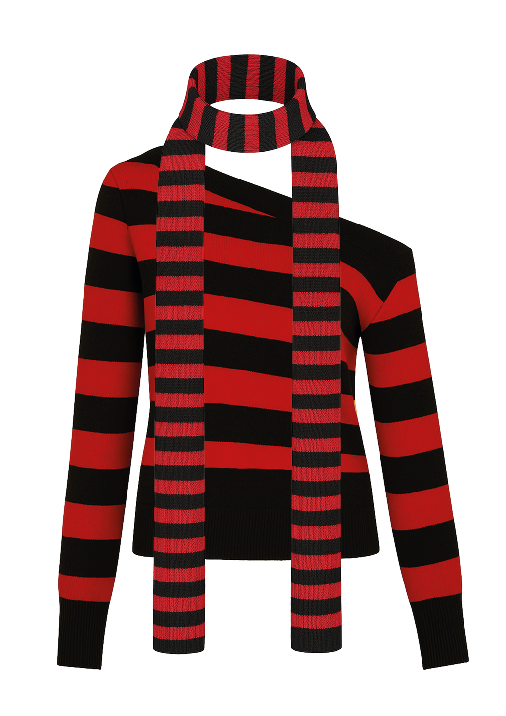 Pack Sweater Asimétrico Rayado + Skinny Scarf Tejida Rojo y Negro